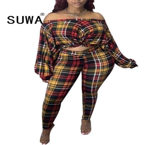 Contrast Plaid Printed Fashion Loungewear Women Two Piece Outfits Long Sleeve T-Shirt Top High Waist Pants Streetwear 4XL