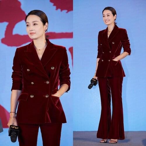 2019 Autumn Winter Women Formal Wine Red Velvet Pants Set Double Breasted Blazer + Long Flare Pants OL 2 Pieces Set Y233