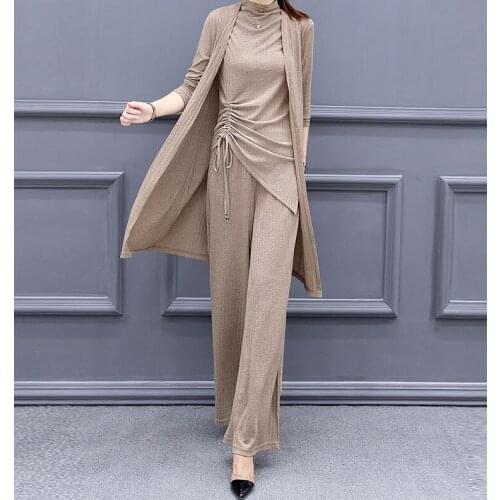Knitted 3 Pieces Set Women Tracksuit Long Sleeve Cardigan Pullover Tops Wide Leg Pants Suit Womens Sets Brown Office Elegant