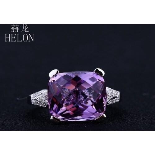 HELON 925 Sterling Silver 10x12mm Cushion Natural Amethyst Engagement Ring Graded Cubic Zirconia Women Fine Jewelry Ring Gift