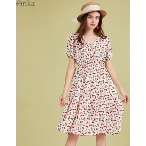 ARTKA 2020 Summer New Women Dress French Vintage High Waist Cherry Print Dresses Elastic Waist V-Neck Chiffon Dress LA20702C