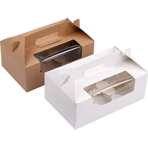 100pcs/lot Brown/White 6 Cupcake box Kraft paper cake boxes and packaging with handle Wedding gift box Packaging box