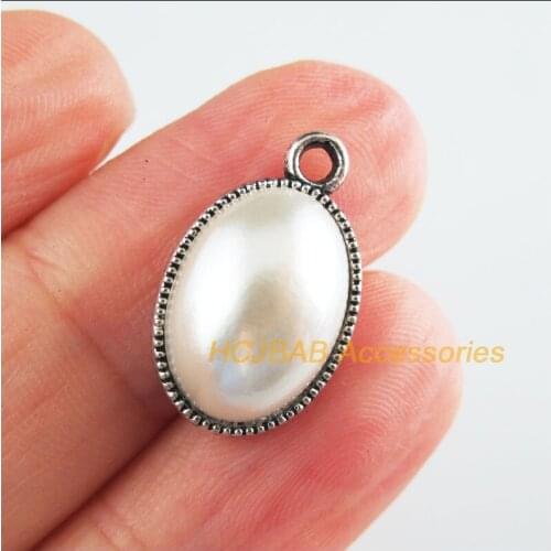 25 New Oval Charms Tibetan Silver Tone Retro Flower White Acrylic Pendants 11.5x19mm