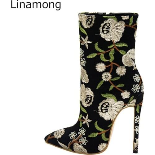 Spring Fresh Rural Floral Embroidery Ankle Boots Point toe Bottines Stiletto Heel Women Slip on Party Flower Boots Shoes Woman