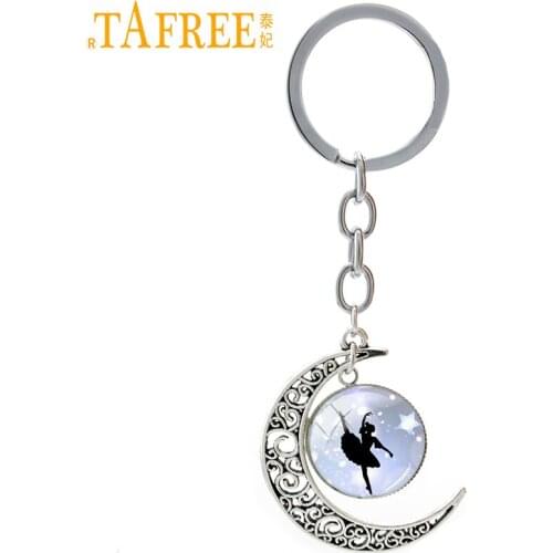 TAFREE Ballet night moon pendant keychain High Quality chains sweet romantic men women round dome Glass Vintage jewelry NS131