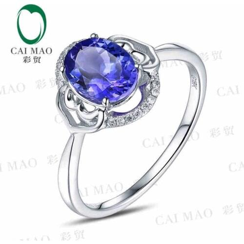 CaiMao 14K White Gold 1.58 ct Natural IF Blue Tanzanite AAA 0.07 ct Round Cut Diamond Engagement Gemstone Ring Jewelry