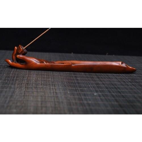 9" China Lucky Old Boxwood Hand-carved Buddha Hand of Sakyamuni lotus Bergamot incense stick Office Ornaments Town House