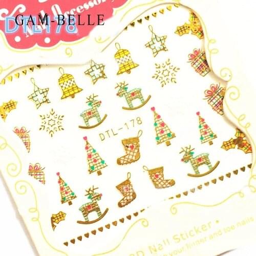 GAM-BELLE Gold 3D Nail Sticker Xmas Tree Deer Bell Christmas Nail Art Decals Adhesive Beauty Nail Art Decoration Manicure Tools