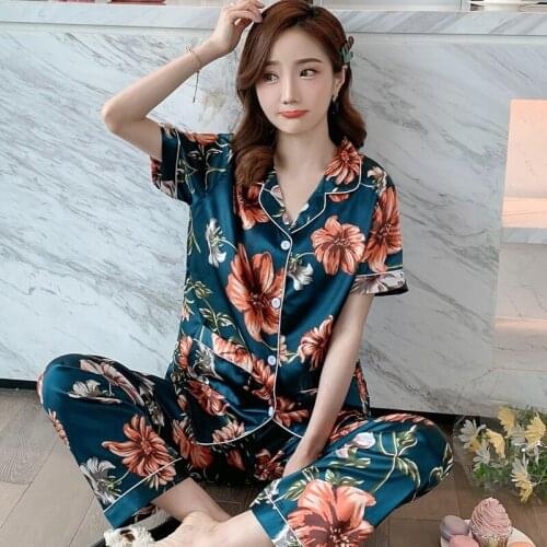 Womens Suit Ice Silk Satin Pajamas Set Short Sleeve Trouser Suits Button-Down Sleepwear Loungewear Shorts Female Pyjamas