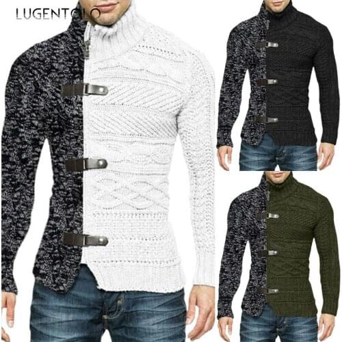 Lugentolo Turtleneck Sweater Men Autumn Winter Splicing Long Sleeve Leather Buckle Large Size Mens Casual Pullover Sweaters
