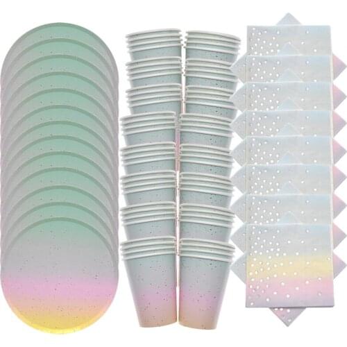 64pcs Gradient Rainbow Party Disposable Tableware Set Gold Polka Dot Birthday Party Supplies Set Including Plates, Napkins, Cups