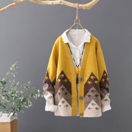 Autumn Winter Knitted Chinese Style Cardigan Loose Streetwear Knit Sweater Coat Print V Neck knitted cardigan Women Jacket