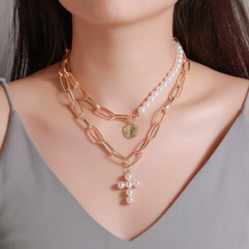 Trendy New Personality Thick Chain Pearl Cross Pendant Necklace Women Fashion Exquisite Gold Clavicle Necklaces Collar Jewelry