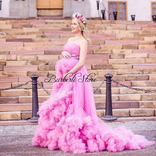 Pink High Low Ruffles Tulle Maternity Dresses Long Robe Elegant Strapless Mesh Pregnancy Gowns Photo-shoot Bridal Dress Baby Sho
