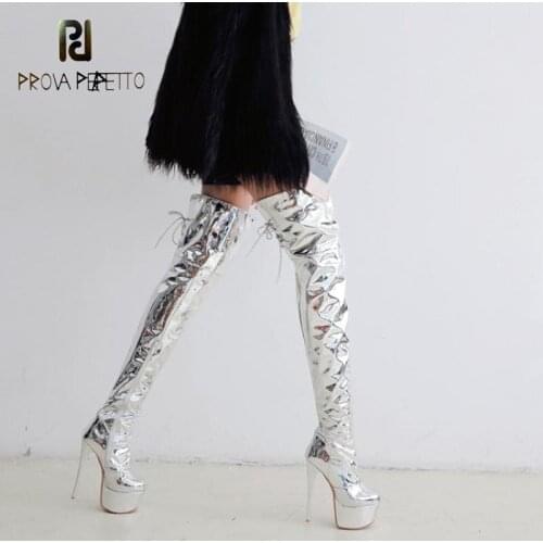 Super High Heel Round Toe Waterproof Platform Zipper Mirror Patent Leather Silver Lace-up Boots Pole Dance Over The Knee Boots