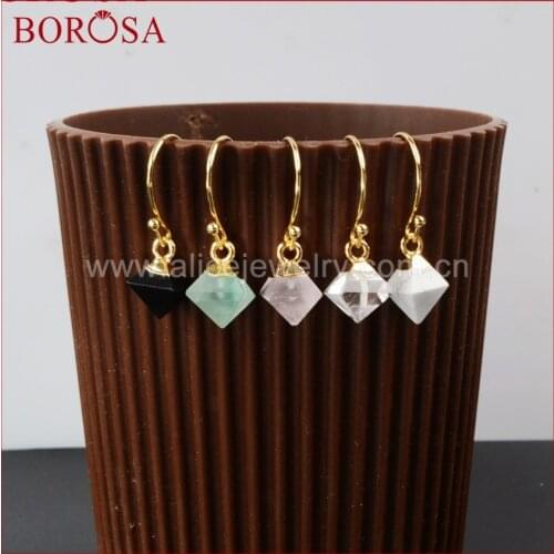 BOROSA Wholesale New Earrings, Multi-stone Faceted Pyramid Gold Edge Earrings, Stylish Mix Colors Druzy Drop Earrings WX060-E