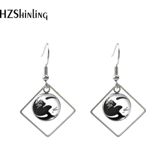 2020 New Yin Yang Cat Hook Earring Black white art Rhombic Earring Glass Dome Photo Jewelry Handmade Earrings