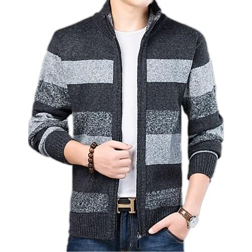New Men Fashion Slim Fit Sweater Men Knitted Warm Thick Cardigan Coat Male Casual Brand Clothing Striped Sweaters Coat