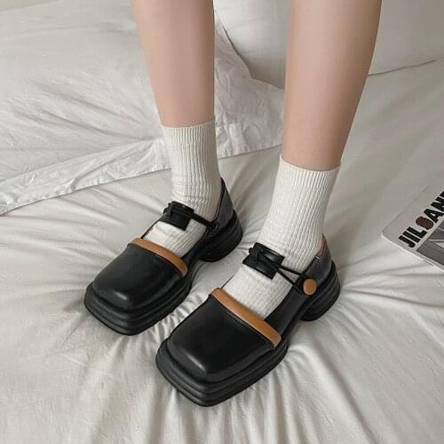 Apanzu Mary Jane High Heels Shoes Japanese Women Square Toe Chunky Platform Pumps Women Retro Fashion Buckle Leather Lolita Shoe