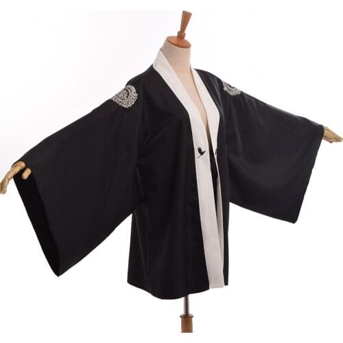 Japanese Black Yukata Kimono Cardigan Vintage Cranes Embroidery Trench Loose Punk Rock Haori Outwear Coat