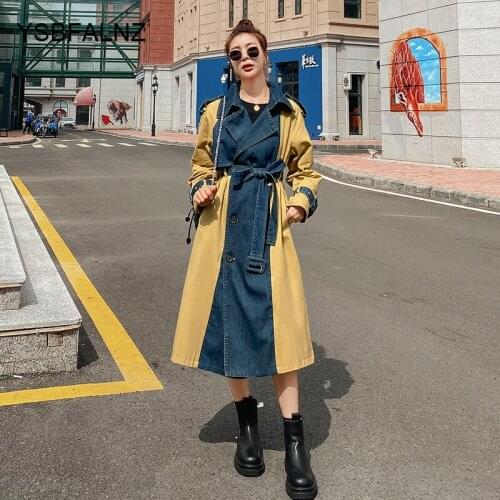 Windbreaker Female Contrast Stitching Double-breasted 2021 Spring Autumn Loose Casual Over Knee Long Denim Trench Womens Coats