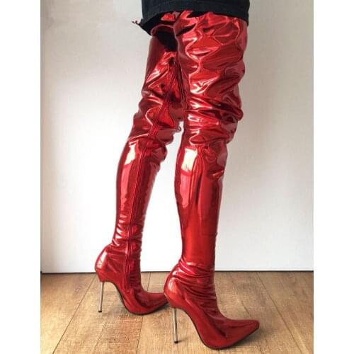 Women Pointed Toes Silver Metal Stiletto Shoes 12Cm High Heels 60Cm Thigh High Dance Show Long Boot Uniseex Metallic Red Customi