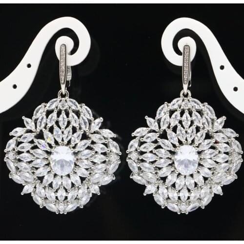 52x35mm Anniversary Long Big 26g White Cubic Zirconia Women Wedding Silver Earrings