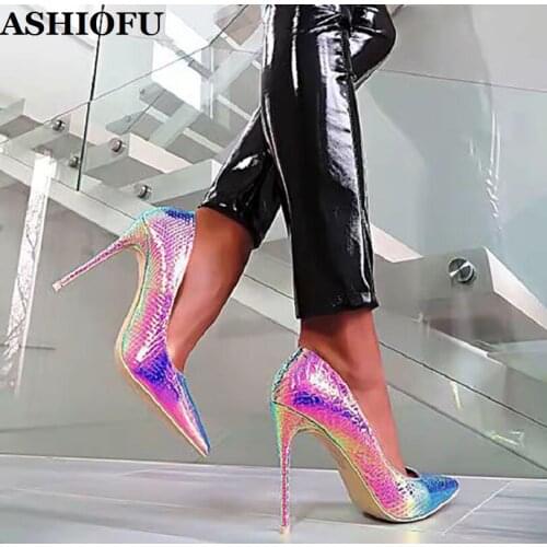 ASHIOFU Handmade Ladies High Heel Pumps Gradient Fish-skins Party Prom Dress Shoes Slip-on Evening Fashion Pumps Court Shoes