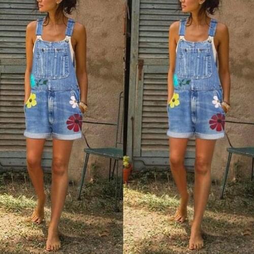 Flower Print Denim Playsuits Women Vintage Sleeveless Big Pocket Spaghetti Strap Jeans Overalls Woman Casual Loose Short Romper