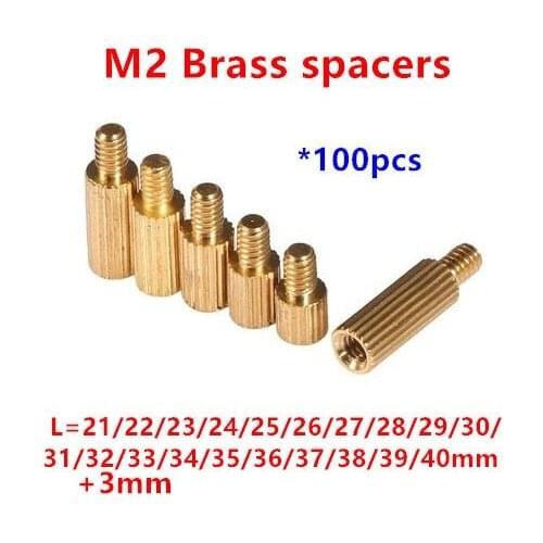 100pcs 2mm Thread M2 Brass Standoff Spacer Male to Female Brass Spacing Screws Pillar M2*21/22/25/28/30/32/35/38/40+3mm