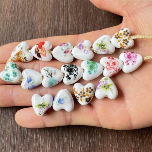 15pcs 15mm random mixed batch of flower pattern heart-shaped ceramic crafts spacer beads DIY making bracelets and necklaces