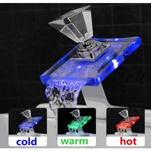 2018 Real Baralho Torneira Torneira Do Banheiro 3 Colours Bathroom Waterfall Led Faucet Glass Basin Mixer Tap Deck Mounted Sink