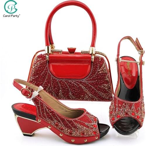 2020 Newest African Italian Design Red Color Nigerian Fashion Crystal StyleLadies Shoes and Bag Set for Party Wedding