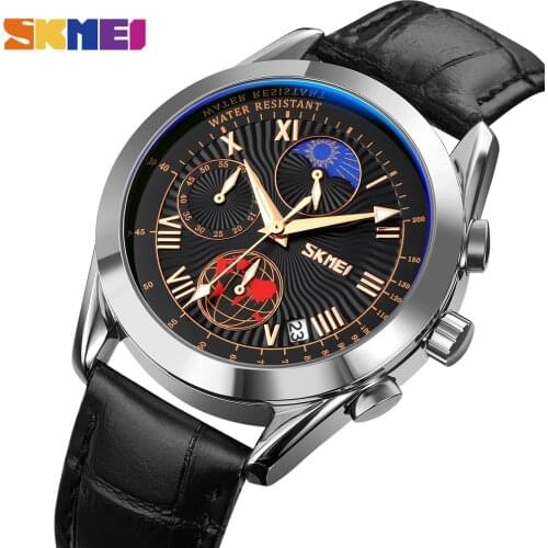 2021 SKMEI Casual Quartz Male Wristwatch Creative Moon Phase Stopwatch Date Waterproof Sport Mens Watches Relogio Masculino 9236