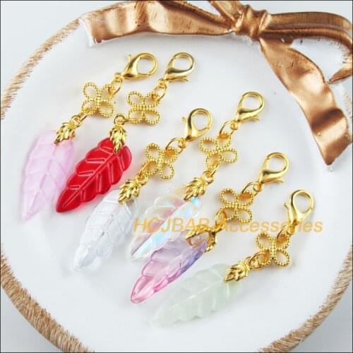 6Pcs Mixed Leaves Charms Gold Color Clover Leaves Bail With Clasps 10x44mm