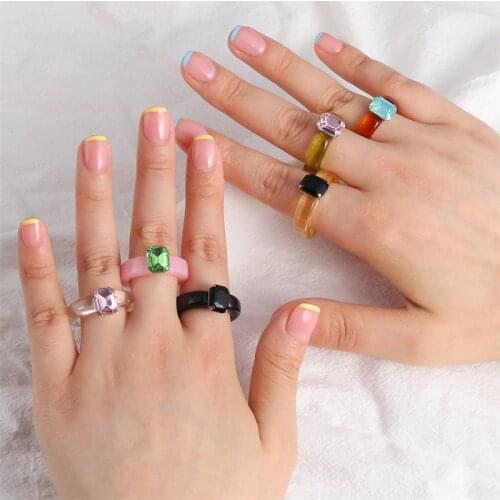 Acrylic Ring with Square Rhinestone Resin Plastic Rings for Women 2021 NEW Trendy Y2K Jewelry 90s Harajuku Girl Gifts