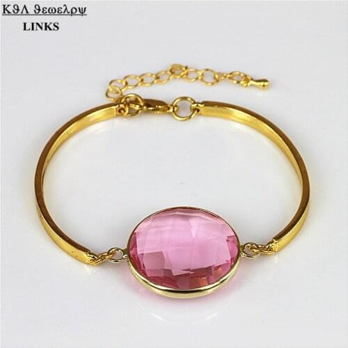 Pink Bezel Faceted Quartz Stone Bangle Crystal Gem Glass Stone Round Beads Gold Chain Bracelets for Women Pulseras Mujer