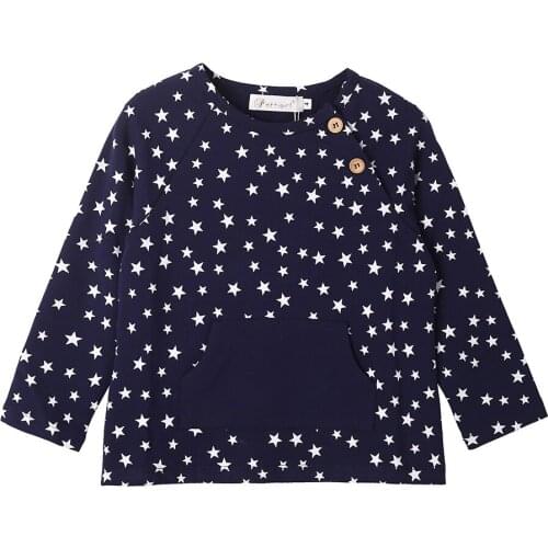 2021 Fall Children T Shirt Navy Blue White Stars Front Pocket Asymmetry Buttoned Cotton for Age 3 4 5 6 8 Years Old Girl