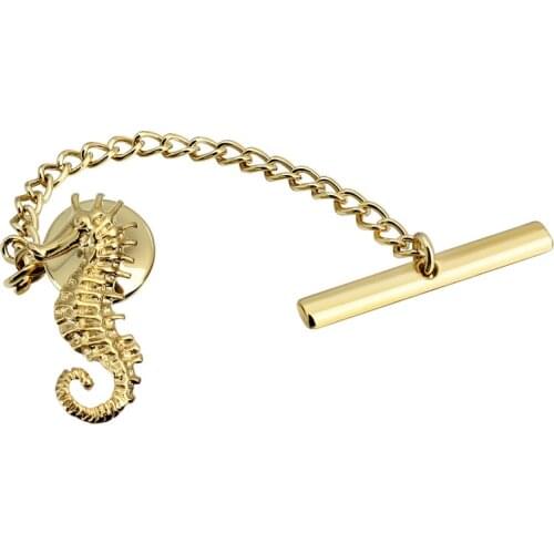HAWSON New Design Gold Seahorse Tie Tack Pin with Safety Chain for Regular Necktie Mens Jewelry