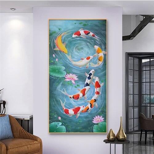 Colorful Koi Fish Landscape Feng Shui Lotus Pond Modern Canvas Art Posters and Prints WallPicture for Livingroom Home Decoration