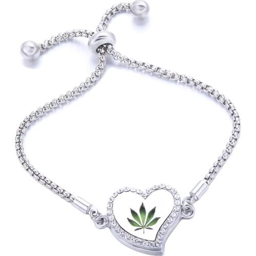 Maple Hemp Leaf Heart Aroma Locket Zircon Bracelet Stainless Steel Adjustable Perfume Aromatherapy Oil Diffuser Crystal Jewelry