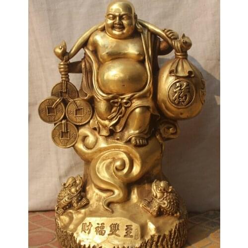 Collectible bronze S1990 17" Chinese Feng Shui Money Wealth Happy Laugh Maitreya Buddha & Spittor Statue
