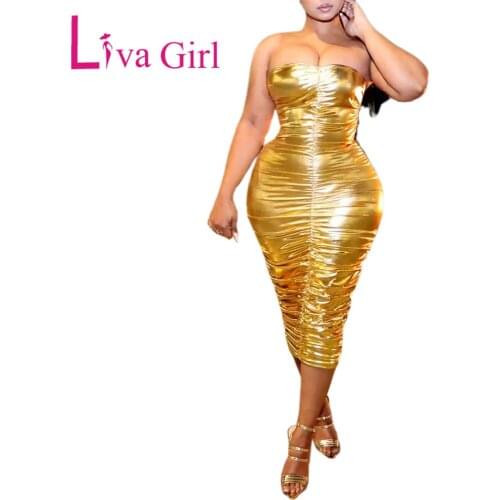LIVA GIRL Golden/Silver/Black Sexy Hot Gold Silk Tight-fitting Buttocks Woman Party Midi Dress Female Slim Nightclub Dresses XL