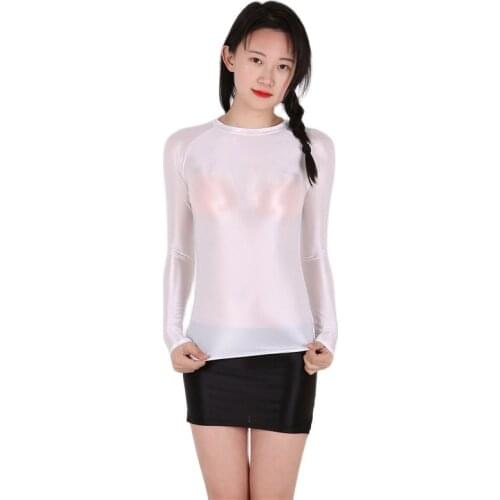 Oil Glossy Shiny See Through Long Sleeve T Shirt Women Sexy Fitness Tshirt Tops Dance Clothing Summer Bodycon Transparent Shirts