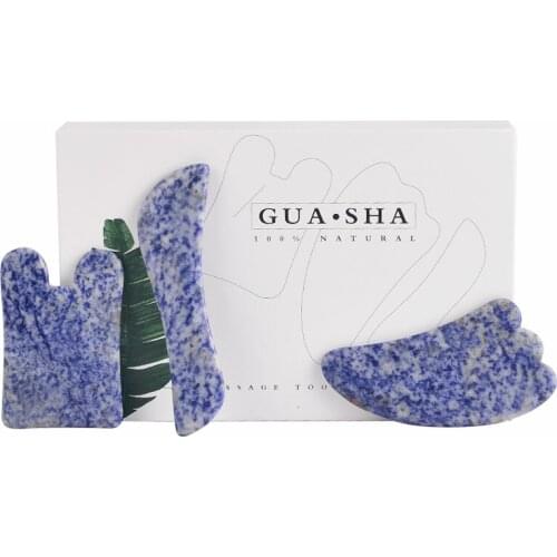 3pcs Natural Sodalite Massage Set With Box Facial Jade Guasha Scratch Foot Scraper Health Care Tools Crystal Gouache Massager