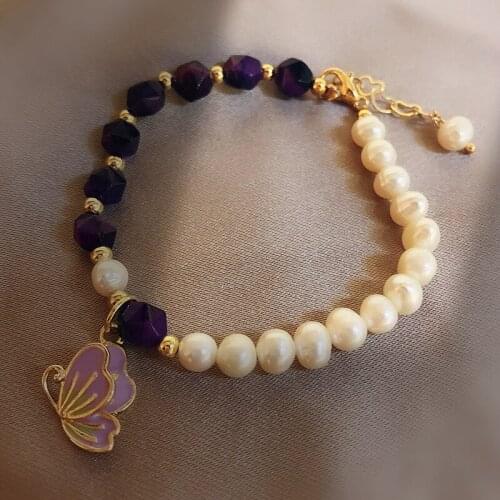 Natural Pearl Faceted Tiger Eye Bead Bracelet Bangle Butterfly Pendant Charm Pulsera For Homme Strawberry Quartz Jewelry Gift