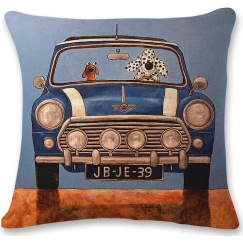 Watercolor Bus Pillowcases Doggie Driving Car Decorative Cushion Cover Home Bedroom Car Decoration Pillow Case Linen 45*45cm