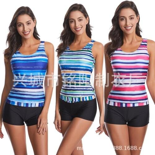 2020 New Style Plus-sized Two-piece Swimsuits Boxers Retro Stripes Printed High-waisted Bikini Europe America Swimwear /40
