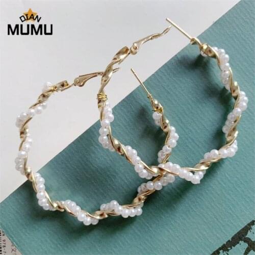 New Trendy Earrings Pearl Winding Large Earrings European and American Style Circle Exaggerated Gold Geometric Pearl Earrings