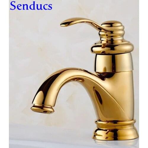 Senducs Newly Gold Bathroom Basin Faucet Fashion Teapot Golden Basin Sink Faucet Deck Mounted Hot Cold Bathroom Mixer Tap